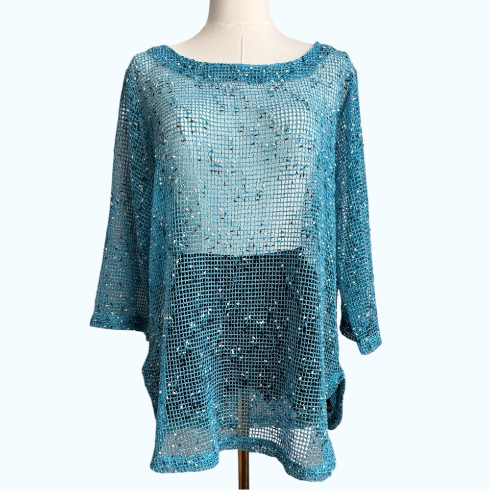 Lulu-B Teal-Mesh Knit Crochet Pullover Top/Swimsuit Cover Up Sz M
